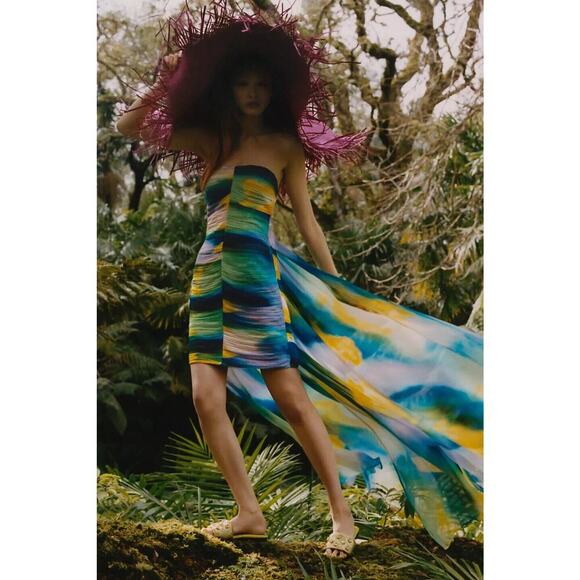 NWD Anthropologie Vineet Bahl Colorful Blurred Sheer Train Dress Sz L #MB426 - Picture 1 of 14